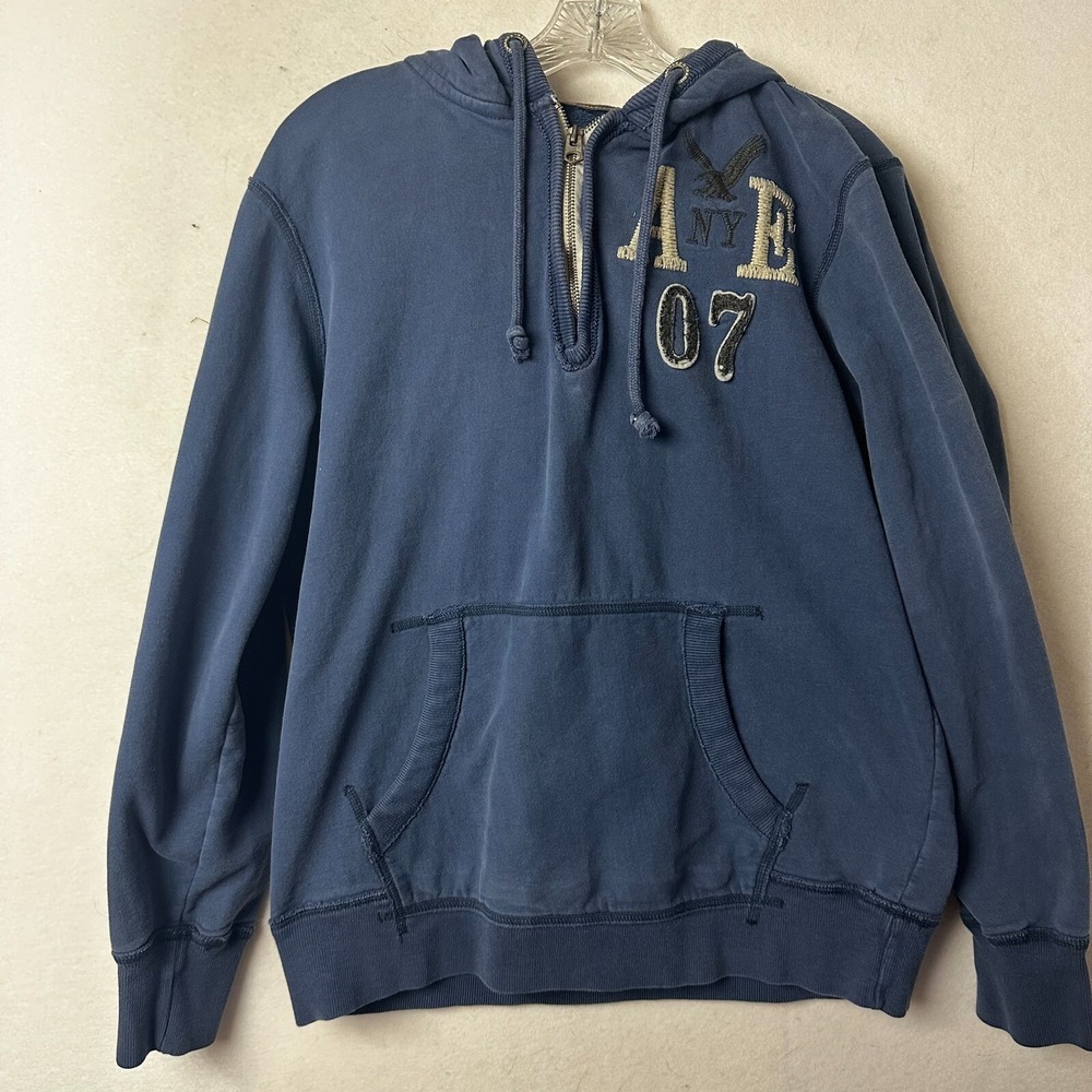 American Eagle Mens Navy Blue Quarter Zip Hoodie Plaid Lined Fleece Large 09/09โ